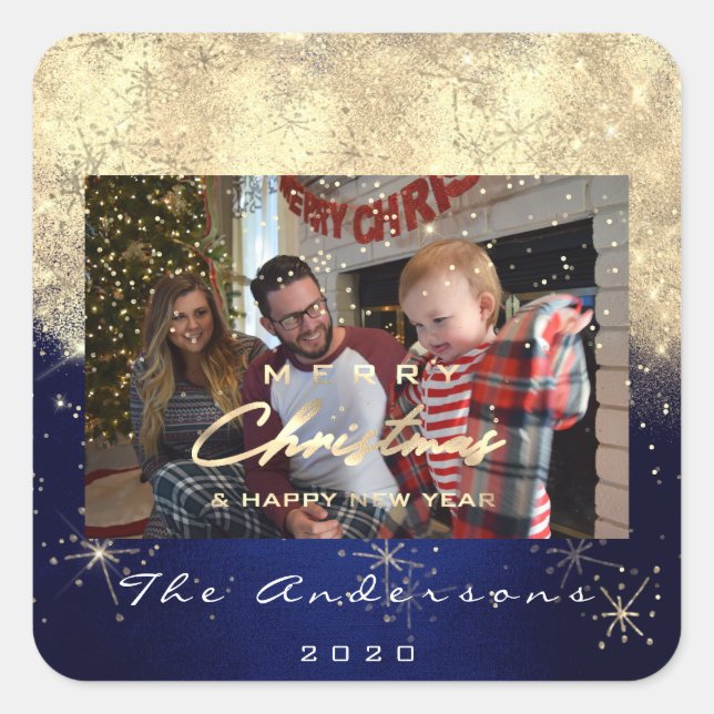 Merry Christmas New Gold Glitter Photo Navy Square Sticker (Front)