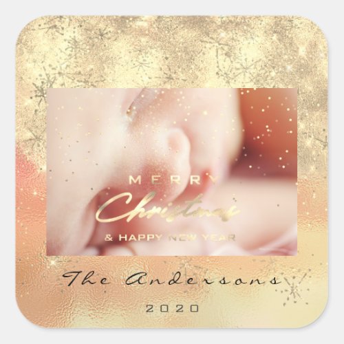 Merry Christmas New Gold Glitter Photo Peach Ombre Square Sticker