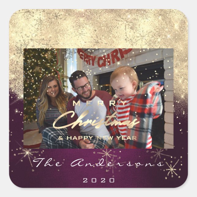 Merry Christmas New Gold Glitter Photo Plum Spark Square Sticker (Front)