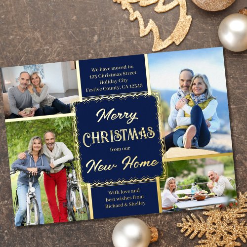 Merry Christmas New Home 4 Photo Blue and Gold Foil Holiday Card