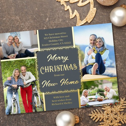 Merry Christmas New Home 4 Photo Gray and Gold Foil Holiday Card