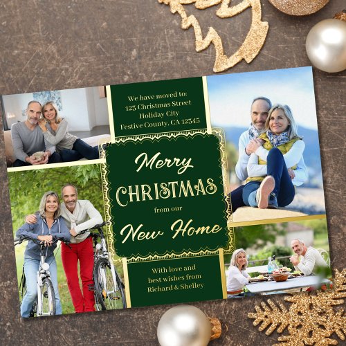 Merry Christmas New Home 4 Photo Green and Gold Foil Holiday Card