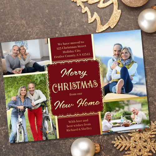 Merry Christmas New Home 4 Photo Red and Gold Foil Holiday Card