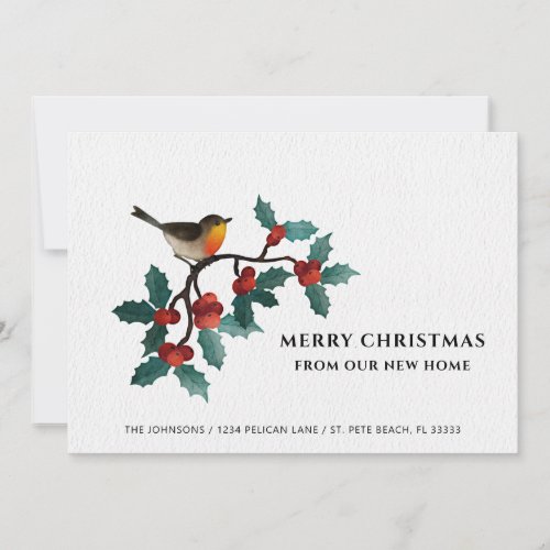 Merry Christmas New Home Cute Bird Holly Berries Holiday Card