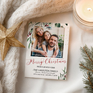 Merry Christmas New Home Red Calligraphy Moving Holiday Postcard