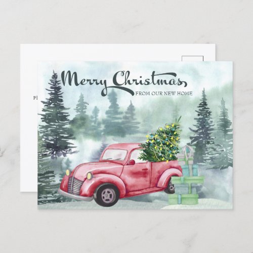 Merry Christmas New Home Vintage Red Truck Forest  Holiday Postcard