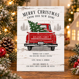 Merry Christmas New Home Vintage Red Truck Moving Announcement Postcard