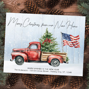 Merry Christmas New Home Vintage Red Truck Moving Holiday Postcard