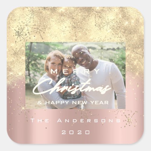 Merry Christmas New Sepia Gold Glitter Photo Blush Square Sticker