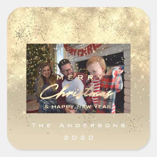 Merry Christmas New Sepia Gold Glitter Photo Ivory Square Sticker