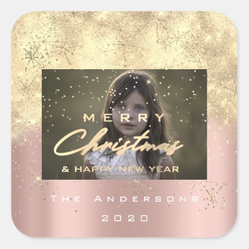 Merry Christmas New Sepia Gold Glitter Photo Rose Square Sticker