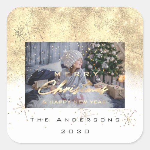 Merry Christmas New Sepia Gold Glitter Photo White Square Sticker