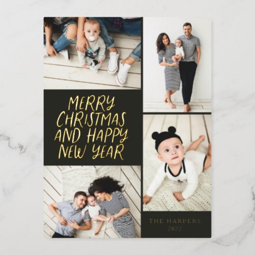 Merry Christmas New Year 4 Photo Collage Black Foil Holiday Postcard
