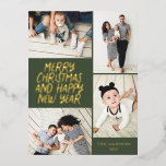 Merry Christmas New Year 4 Photo Collage Evergreen Foil Holiday Postcard<br><div class="desc">This stylish and festive multi-photo holiday postcard features handwritten styled type in REAL FOIL with a photo collage showcasing 4 of your photos. On the back, add your return address and a pre-printed custom message for easy and quick holiday card mailing. Just add your photos and text with a few...</div>
