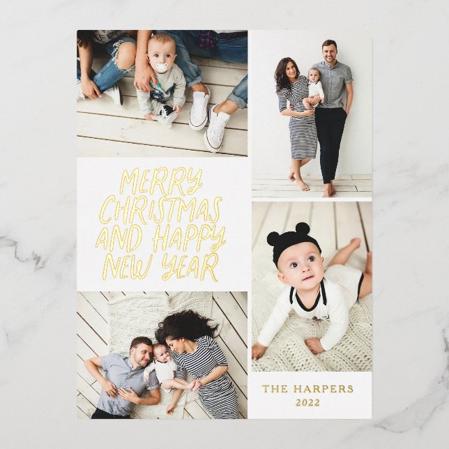 Merry Christmas New Year 4 Photo Collage Foil Holiday Postcard (Front)