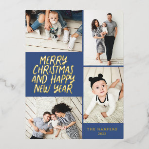 Merry Christmas New Year 4 Photo Collage Navy Blue Foil Holiday Postcard
