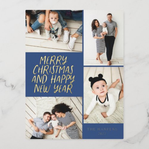 Merry Christmas New Year 4 Photo Collage Navy Blue Foil Holiday Postcard