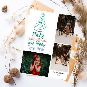 Merry Christmas New Year Colorful 3 Photo Collage Holiday Card