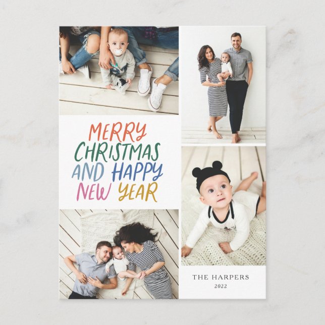 Merry Christmas New Year Colorful 4 Photo Collage Holiday Postcard (Front)