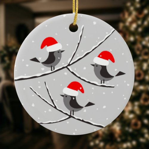Merry Christmas New Year Cute Birds Santa Hat Ceramic Ornament