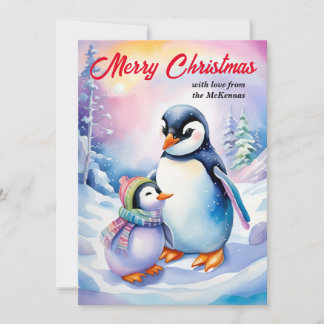 Merry Christmas New Year Cute Watercolor Penguins Holiday Card