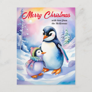 Merry Christmas New Year Cute Watercolor Penguins Holiday Postcard