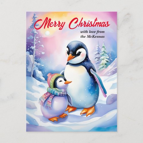 Merry Christmas New Year Cute Watercolor Penguins  Holiday Postcard