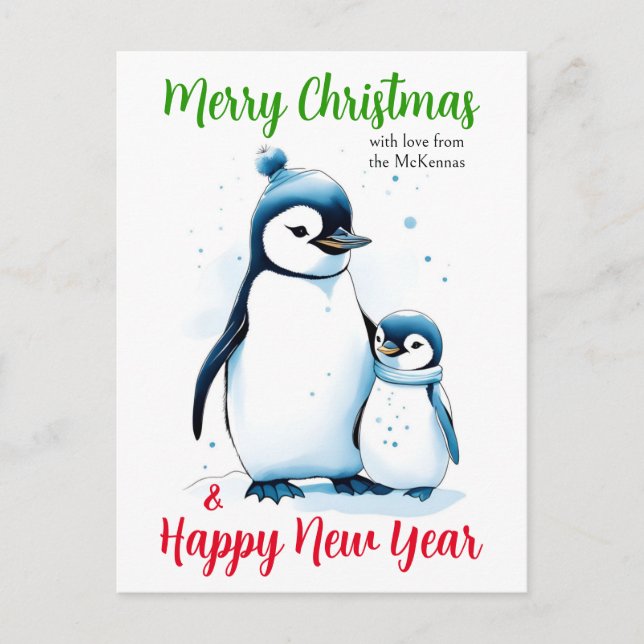 Merry Christmas New Year Cute Watercolor Penguins  Holiday Postcard (Front)