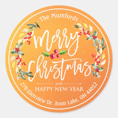 Merry Christmas New Year Floral Red Berry Address Classic Round Sticker