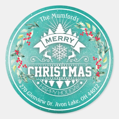 Merry Christmas New Year Floral Red Berry Address Classic Round Sticker