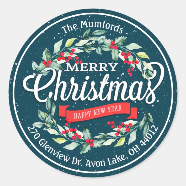 Merry Christmas New Year Floral Red Berry Address Classic Round Sticker (Front)