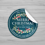 Merry Christmas New Year Floral Red Berry Address Classic Round Sticker<br><div class="desc">Merry Christmas and Happy New Year / Happy Holidays / Merry and Bright / Cheers to a New Year / Merry Christmas Calligraphy Typography Script with Holly Floral Wreath and Mistletoe Red Berries Return Address Labels Templates. Red and Green Watercolor Christmas Botanical Berry and Pines. Happy Holiday Wishes Merry Bright...</div>