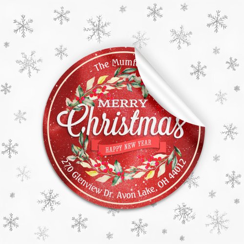 Merry Christmas New Year Floral Red Berry Address Classic Round Sticker