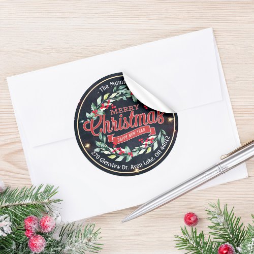 Merry Christmas New Year Floral Red Berry Address Classic Round Sticker