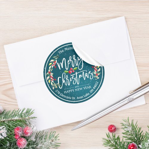 Merry Christmas New Year Floral Red Berry Address Classic Round Sticker