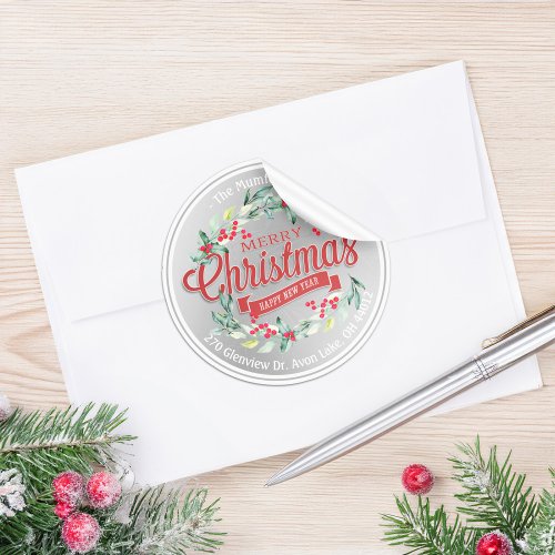 Merry Christmas New Year Floral Red Berry Address Classic Round Sticker