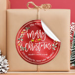 Merry Christmas New Year Floral Red Berry Address Classic Round Sticker<br><div class="desc">Merry Christmas and Happy New Year / Happy Holidays / Merry and Bright / Cheers to a New Year / Merry Christmas Calligraphy Typography Script with Holly Floral Wreath and Mistletoe Red Berries Return Address Labels Templates. Red and Green Watercolor Christmas Botanical Berry and Pines. Happy Holiday Wishes Merry Bright...</div>