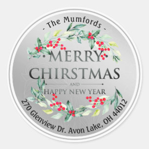 Merry Christmas New Year Floral Red Berry Address Classic Round Sticker