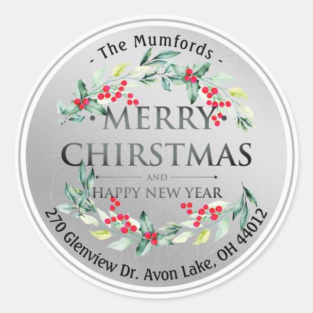 Merry Christmas New Year Floral Red Berry Address Classic Round Sticker (Front)