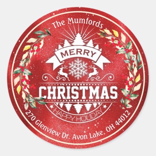 Merry Christmas New Year Floral Red Berry Address Classic Round Sticker