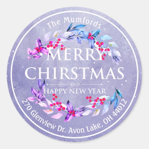 Merry Christmas  New Year Floral Wreath Classic Round Sticker