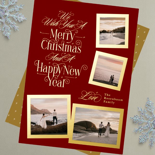 merry christmas new year on red photo collage Flat Foil Holiday Card (Creator Uploaded)