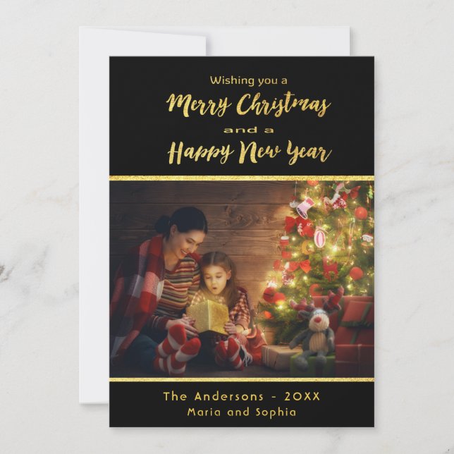 Merry Christmas New year photo black gold Holiday Card (Front)