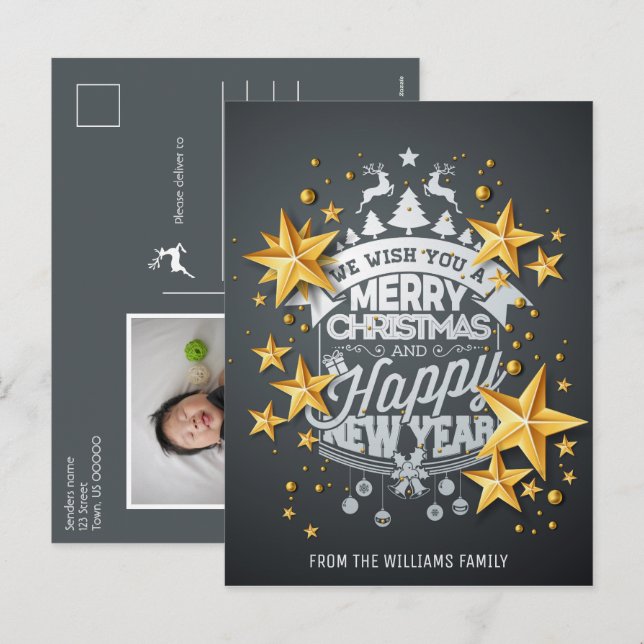 Merry Christmas New Year Photo Wishes Gold Stars Holiday Postcard (Front/Back)