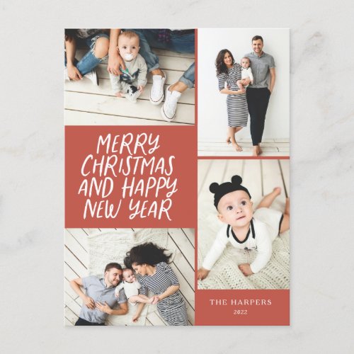 Merry Christmas New Year Red 4 Photo Collage Holiday Postcard