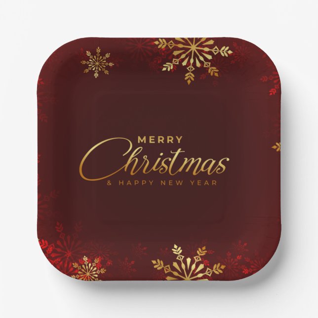Merry Christmas New Year Red Gold Script Winter Paper Plates (Front)