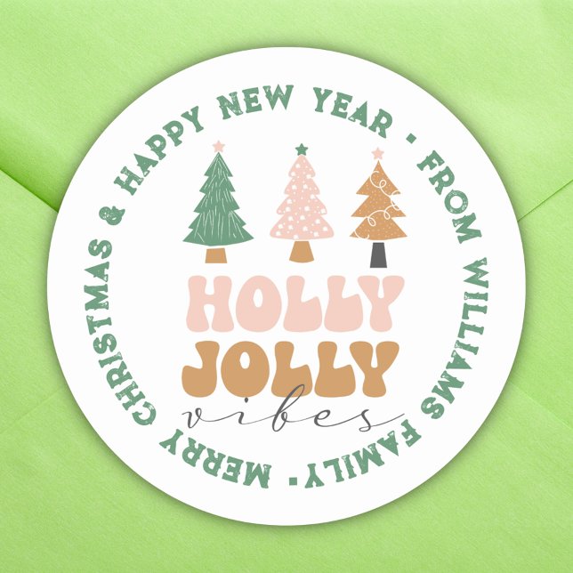 Merry christmas & new year retro green holiday classic round sticker (Creator Uploaded)