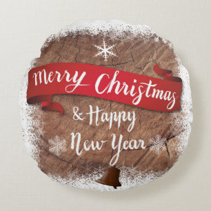Merry Christmas New Year Rustic Wood Round Cushion