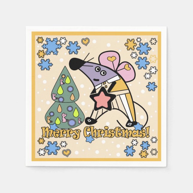 Merry Christmas New Year Symbol Mouse Cartoon cute Napkins (Front)