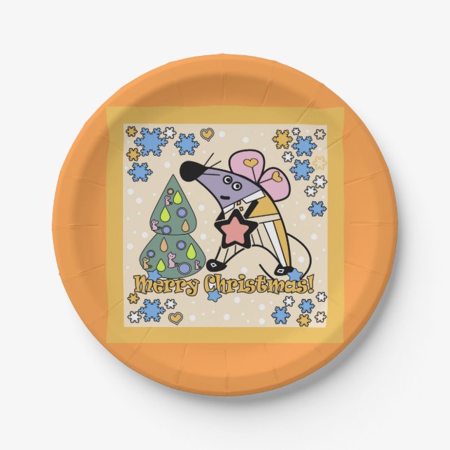Merry Christmas New Year Symbol Mouse Cartoon cute Paper Plates (Front)